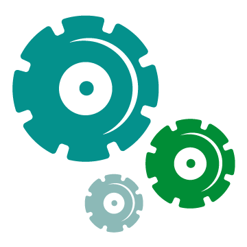 Icônes de rouages de différentes tailles et couleurs (bleu, vert et gris), illustrant un concept de collaboration ou de processus.